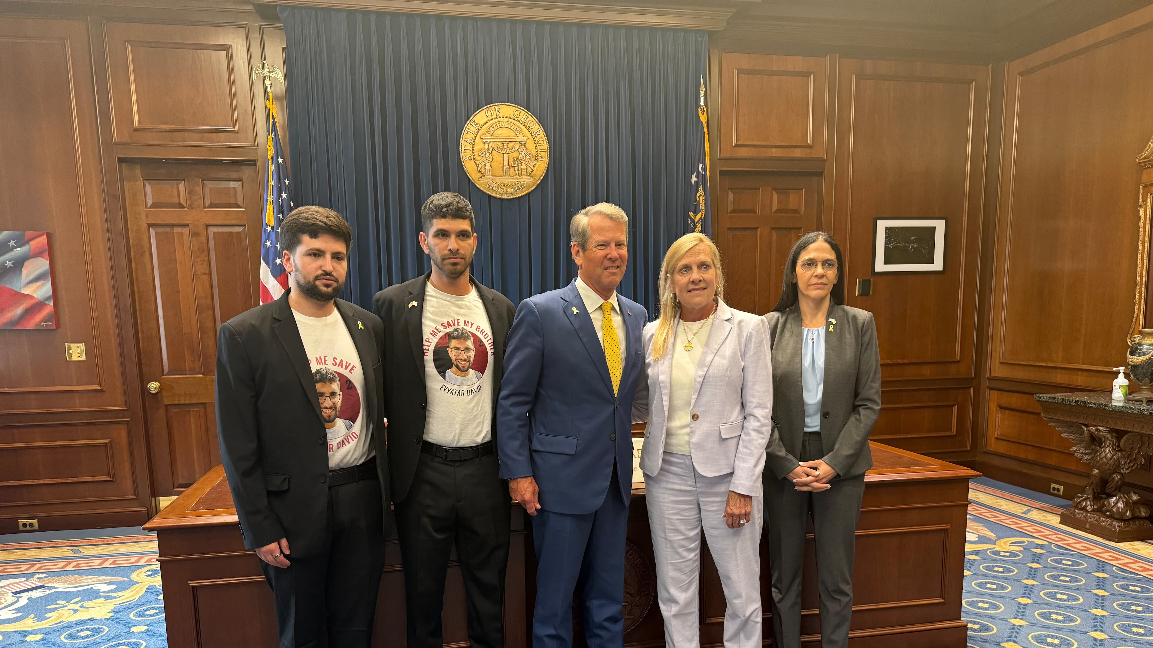 Gov. Brian Kemp and first lady Marty Kemp meet with relatives of Evyatar David, an Israeli who was taken hostage by Hamas gunmen in October 2023. (Greg Bluestein/AJC)