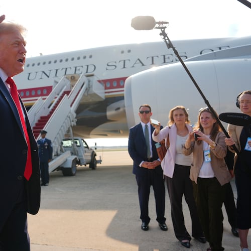President Donald Trump speaks to reporters before boarding Air Force One, Wednesday, July 1, 2026, at Joint Base Andrews, Md. (AP Photo/Julia Demaree Nikhinson)