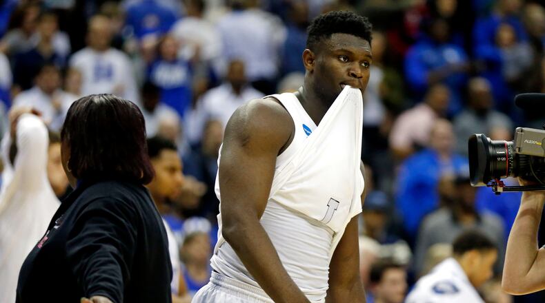 Zion Williamson reacts after Duke's loss to Michigan State.