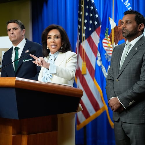 From left, Acting Attorney General Todd Blanche, U.S. Attorney Jeanine Pirro and FBI Director Kash Patel, speak during a news conference at the Department of Justice, on Monday April 27, 2026, in Washington, following the initial appearance in federal court of the suspected White House Correspondents Dinner gunman, Cole Tomas Allen of Torrance, California. (AP Photo/Manuel Balce Ceneta)
