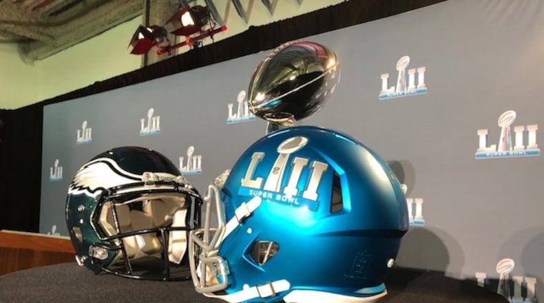 Here's the Vince Lombard trophy on display at the Mall of America in Bloomington, Minn. on Monday, Feb. 5, 2018 after the Eagles defeated the Patriots 41-33 in Super Bowl LII. (By D. Orlando Ledbetter/dledbetter)