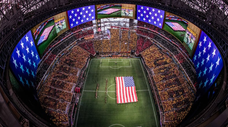 A full-stadium tifo is made before the match between the LA Galaxy and Atlanta United at Mercedes-Benz Stadium in Atlanta, Georgia, on Saturday August 3, 2019. (Photo by Rob Foldy/Atlanta United).