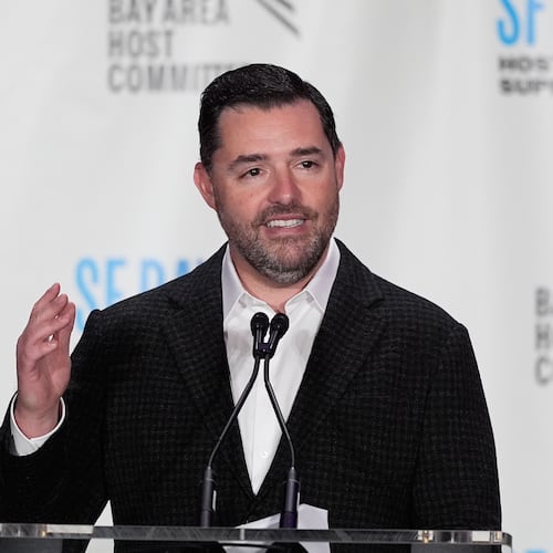 FILE - San Francisco 49ers team owner Jed York speaks at a news conference in San Francisco, Monday, Feb. 2, 2026. (AP Photo/Jeff Chiu, File)