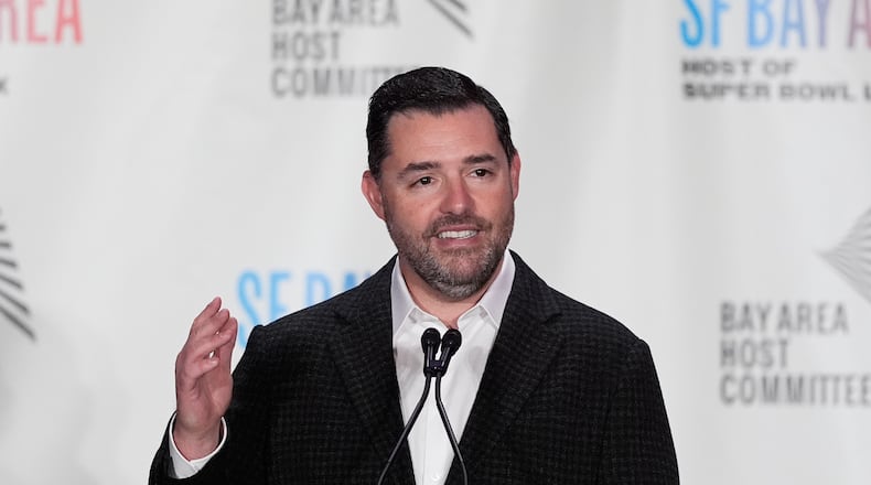 FILE - San Francisco 49ers team owner Jed York speaks at a news conference in San Francisco, Monday, Feb. 2, 2026. (AP Photo/Jeff Chiu, File)