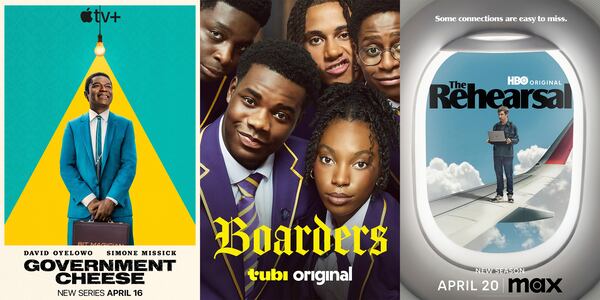 This combination of photos shows promotional art for the series "Government Cheese," left, "Boarders," center, and "he Rehearsal." (Apple TV+/Tubi/Max via AP)