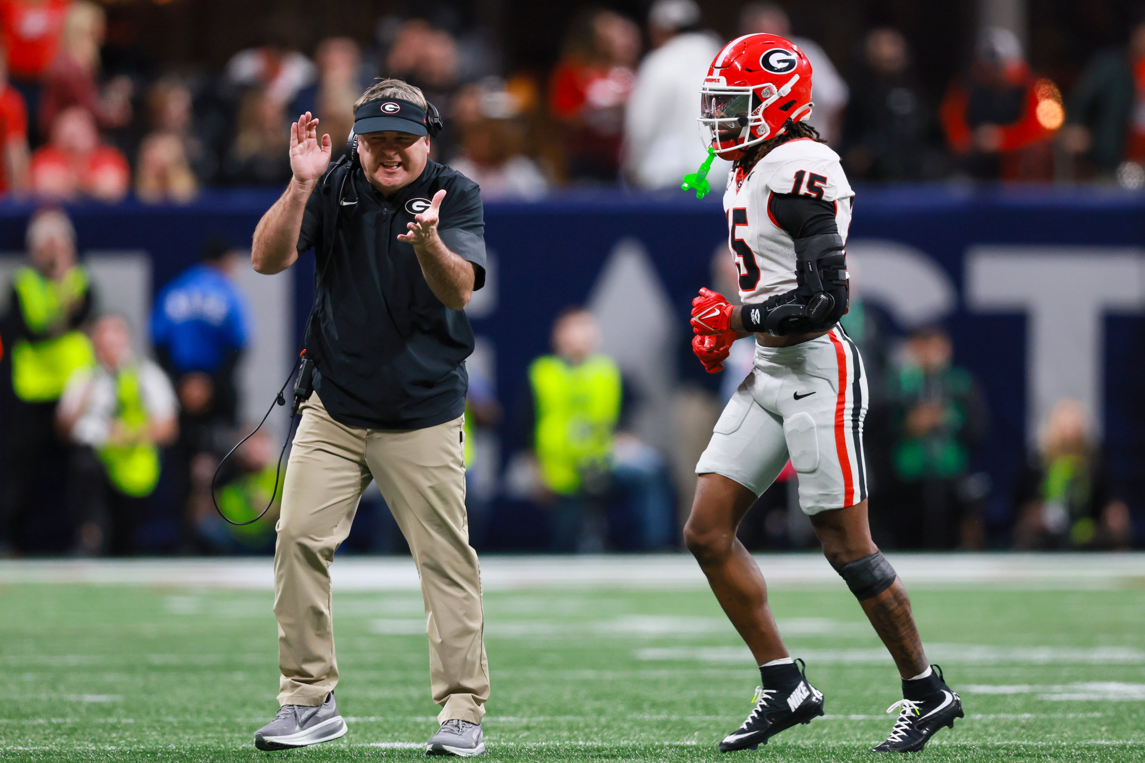 Georgia head coach Kirby Smart reacts after a penalty against defensive back Demello Jones (15) during the fourth quarter of the SEC Championship game against Alabama at Mercedes-Benz Stadium, Saturday, Dec. 6, 2025, in Atlanta. (Jason Getz / AJC)
