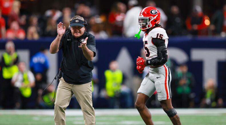 Georgia head coach Kirby Smart reacts after a penalty against defensive back Demello Jones during the fourth quarter of the SEC Championship Game against Alabama on Dec. 6, 2025, in Atlanta. (Jason Getz/AJC)