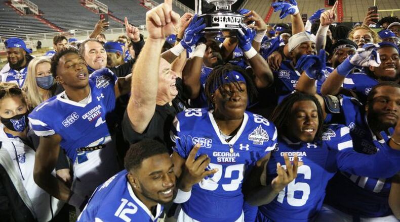 Georgia State celebrates the 39-21 win over Western Kentucky in the LendingTree Bowl on Saturday, Dec. 26, 2020, at Ladd-Peebles Stadium in Mobile, Ala. (Mike Kittrell/AL.com)