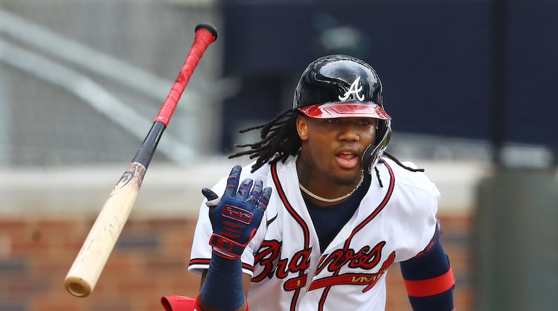082620 Atlanta: Atlanta Braves outfielder Ronald Acuna leads off with a solo homer against the New York Yankees for a 1-0 lead during the first inning in MLB baseball game on Wednesday, August 26, 2020 in Atlanta.    Curtis Compton ccompton@ajc.com