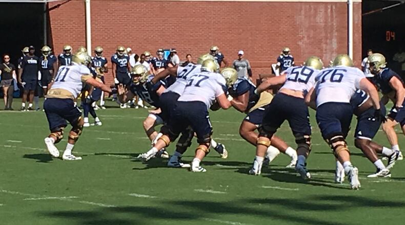 The Georgia Tech offensive line at practice August 9, 2019 at Alexander Rose Bowl Field. (AJC photo by Ken Sugiura)