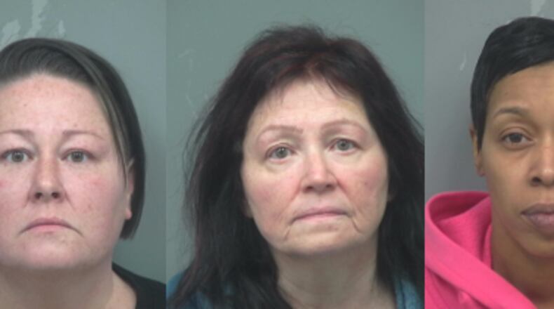 Bethany Braga (from left), Tonya Joy Ward and Ronnika Barton. Jennifer Lynn Robinette has not turned herself in, authorities said.