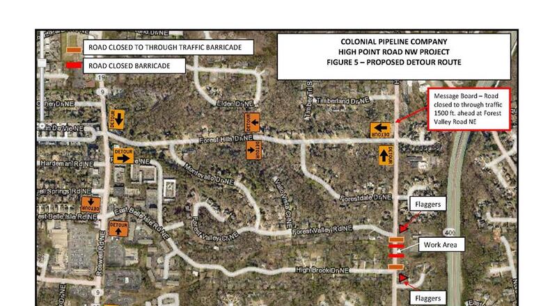 This graphic highlights the suggested detour route. Colonial expects construction to be completed within five days.