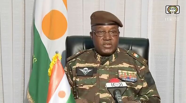 FILE -In this image taken from video provided by ORTN, Gen. Abdourahmane Tchiani makes a statement, July 28, 2023, in Niamey, Niger. (ORTN via AP, File)