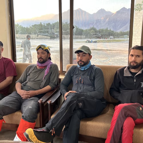 In this photo released by the Alpine Club of Pakistan on Friday, July 31, 2026, members of a mountaineers rescue team prepare to depart from an airbase on a search operation for climbers missing after an avalanche on Pakistan's Broad Peak, in Skardu, in Gilgit-Baltistan's region, in northern Pakistan. (Alpine Club of Pakistan via AP)