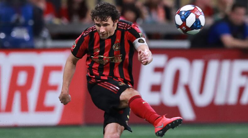 Atlanta United defender Michael Parkhurst works against FC Cincinnati in their MLS soccer match on Sunday, March 10, 2019, in Atlanta.