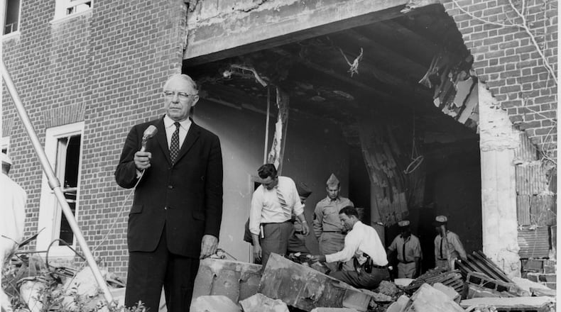 Oct. 13, 1958 - Atlanta, Ga - Mayor William Hartsfield at the site of the Jewish Temple Bombing.