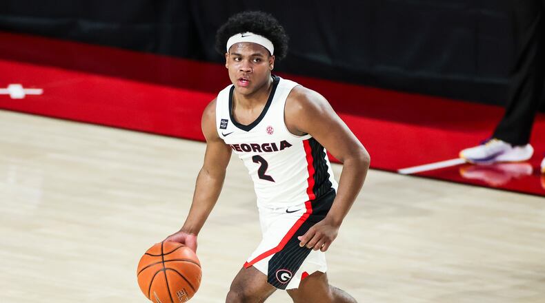 Georgia sophomore guard Sahvir Wheeler (2) became the first player in UGA history to record a 'triple double' when he had 14 points, 13 assists and 11 rebounds in the Bulldogs' 91-78 upset of LSU on Tuesday, Feb. 23, 2021, at Stegeman Coliseum in Athens. (Photo by Tony Walsh/UGA)