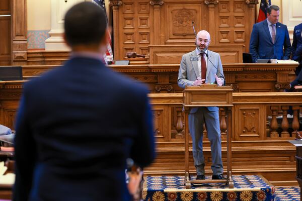 Sen. Josh McLaurin (center), D-Sandy Springs, answers questions as HB 295 is discussed during the last day of the legislative session, April 2, 2026. (Jason Getz/AJC) 