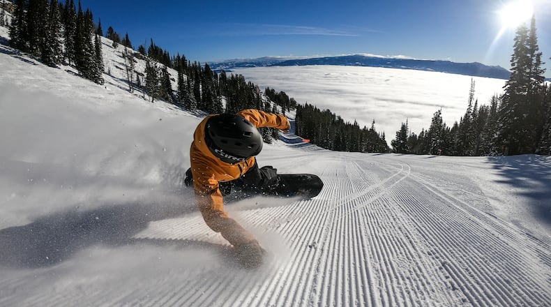 A snowboarder enjoys the solitude on a steep descent at Jackson Hole Mountain Resort in Wyoming. (Jackson Hole Mountain Resort)