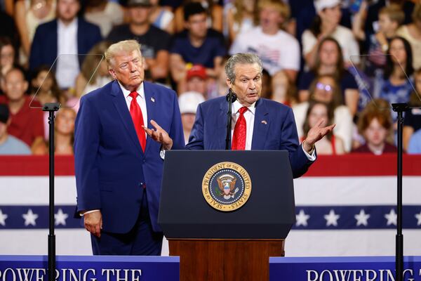 Republican gubernatorial candidate Rick Jackson speaks at President Donald Trump’s rally at Wheeler High School in Marietta on July 22, 2026. (Arvin Temkar/AJC)