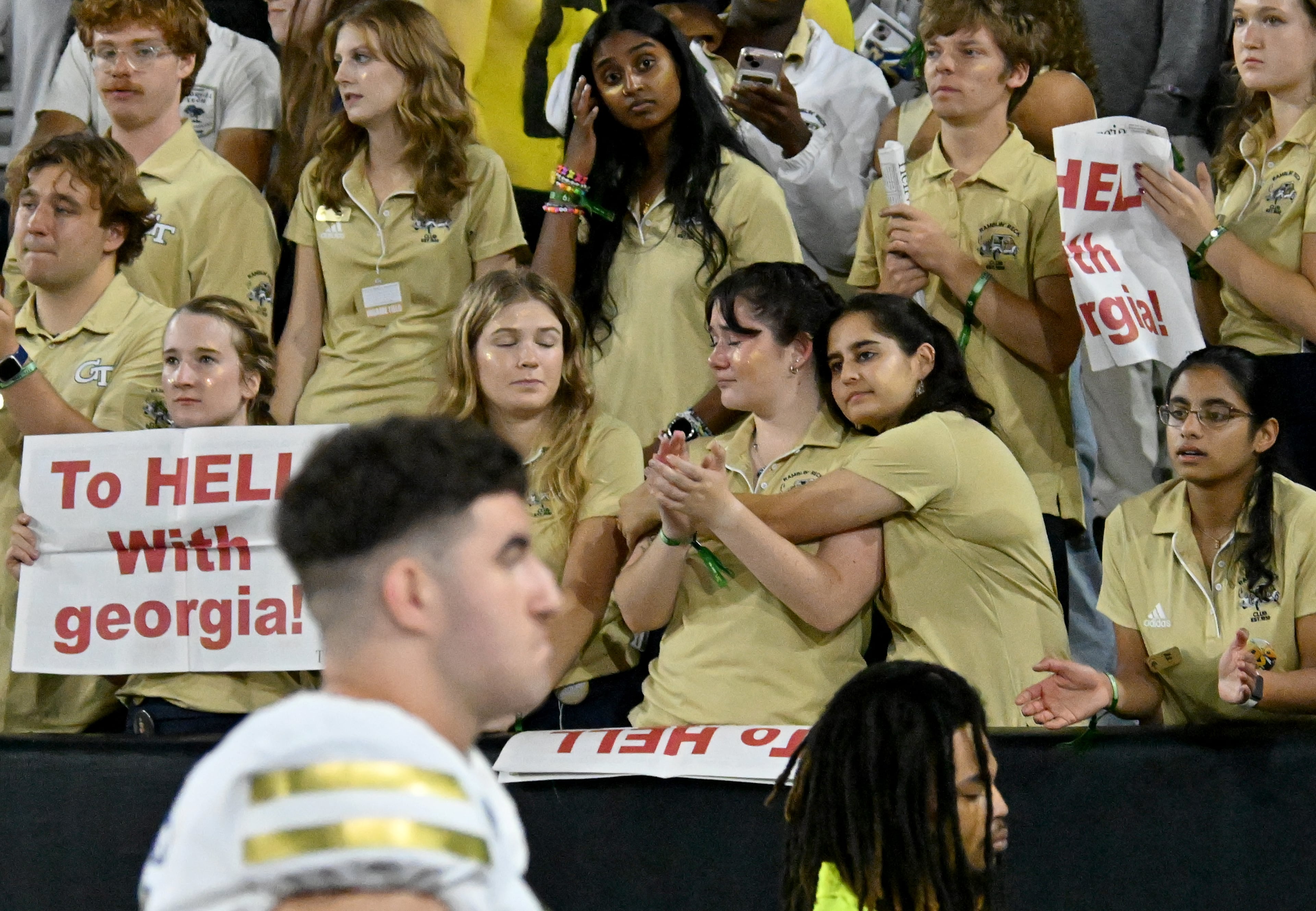 Georgia Tech fans cry as players leave the field after Pittsburgh beat Georgia Tech during an NCAA college football game at Bobby Dodd Stadium, Saturday, November 22, 2025 in Atlanta. Pittsburgh won 42-28 over Georgia Tech. (Hyosub Shin / AJC)