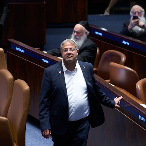 Israel's Minister of National Security, Itamar Ben-Gvir in the Israeli parliament, during a session considering a bill to dissolve the government in Jerusalem,Wednesday, May 20,2026. (AP Photo/Ohad Zwigenberg)