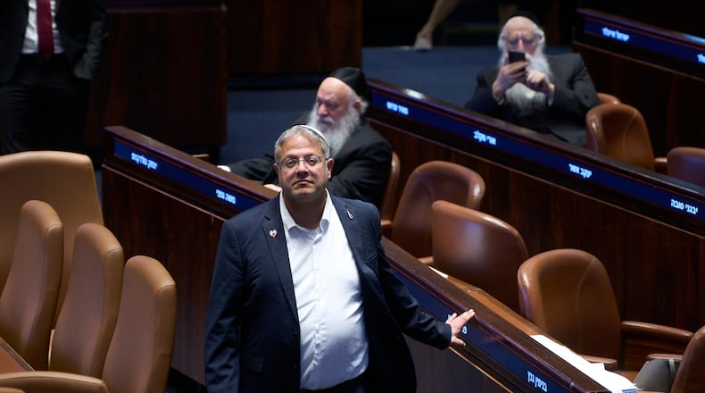 Israel's Minister of National Security, Itamar Ben-Gvir in the Israeli parliament, during a session considering a bill to dissolve the government in Jerusalem,Wednesday, May 20,2026. (AP Photo/Ohad Zwigenberg)