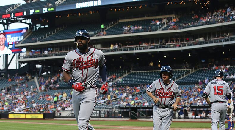 Braves outfielder Jason Heyward trots back to dugout after leading off Wednesday's game against the Mets with a home run in New York. It was Heyward’s 11th homer and fourth leadoff homer this season.