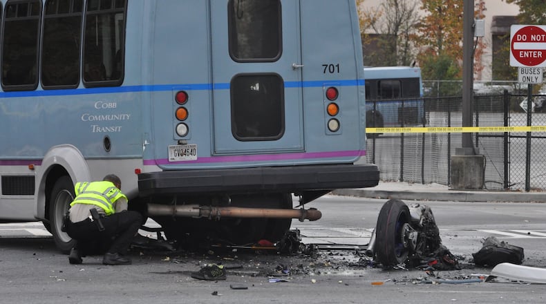 A motorcyclist died Wednesday afternoon in a collision with a Cobb Community Transit bus in Marietta. MIKE MORRIS / MIKE.MORRIS@AJC.COM