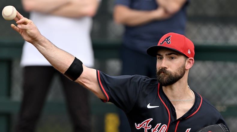 Atlanta Braves pitcher Spencer Strider throws a ball during spring training workouts at CoolToday Park, Friday, February 14, 2025, North Port, Florida. (Hyosub Shin / AJC)