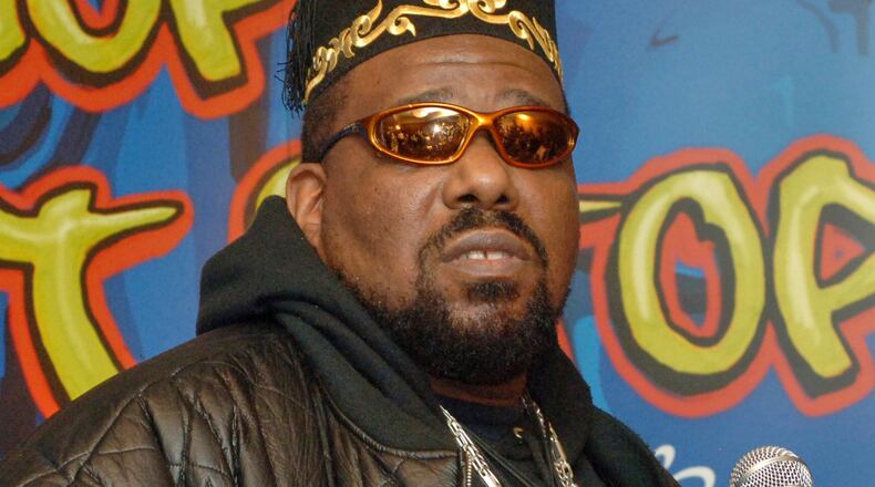 FILE - Hip hop DJ pioneer Afrika Bambaataa speaks at a news conference in New York on Feb. 28, 2006. (AP Photo/Henny Ray Abrams, File)