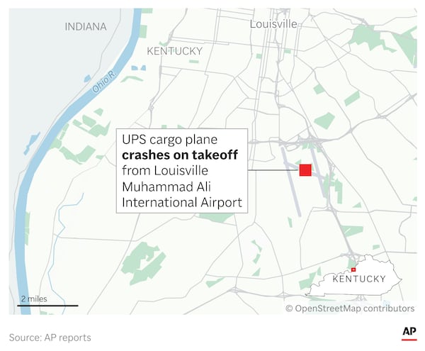 A UPS cargo plane crashed and exploded in a massive fireball Tuesday, Nov. 4, 2025, while taking off from the company’s global aviation hub in Louisville, Ky., killing at least nine people and injuring 11. (AP Digital Embed)