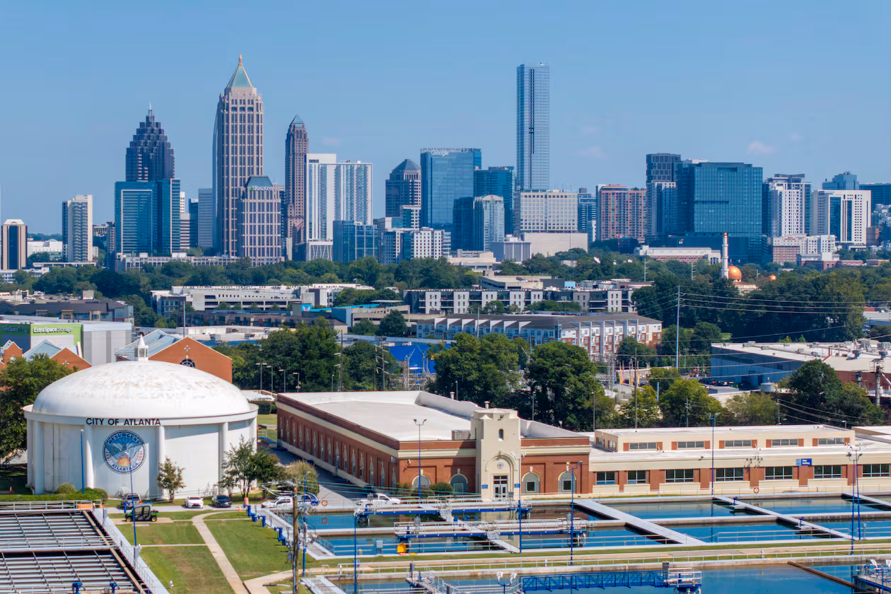 An aerial photo shows the Atlanta Hemphill Water Treatment Plant with the Midtown skyline in the background on Thursday, Sept. 17, 2026. (Miguel Martinez/AJC)