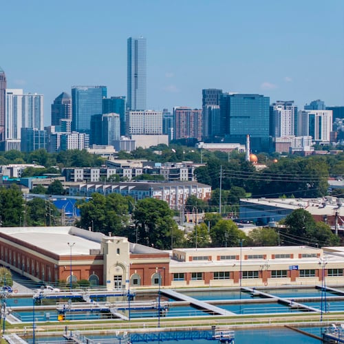 An aerial photo shows the Atlanta Hemphill Water Treatment Plant with the Midtown skyline in the background on Thursday, Sept. 17, 2026. (Miguel Martinez/AJC)