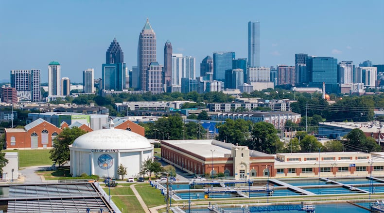 An aerial photo shows the Atlanta Hemphill Water Treatment Plant with the Midtown skyline in the background on Thursday, Sept. 17, 2026. (Miguel Martinez/AJC)