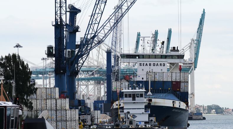 A ship is docked Thursday, Jan. 15, 2026, at PortMiami in Miami. (AP Photo/Lynne Sladky)