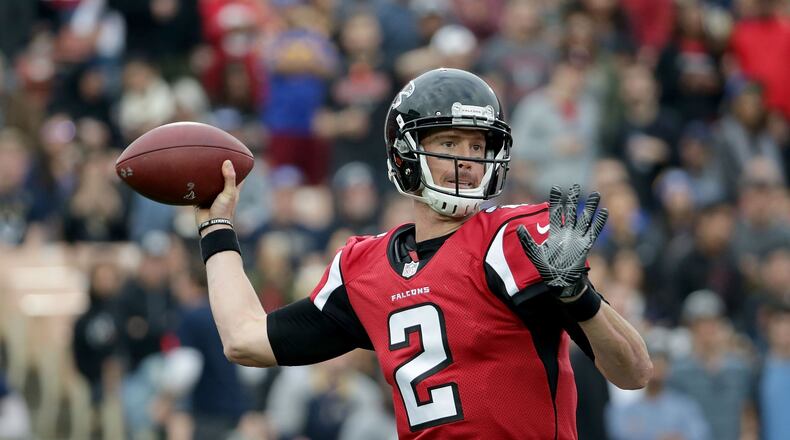 LOS ANGELES, CA - DECEMBER 11: Quarterback Matt Ryan #2 of the Atlanta Falcons drops back to pass against the Los Angeles Rams in the second quarter at Los Angeles Memorial Coliseum on December 11, 2016 in Los Angeles, California. (Photo by Jeff Gross/Getty Images)