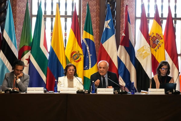 Riyad Mansour, Palestinian U.N. ambassador, second from right, speaks during a two-day conference to address the Israel-Hamas war and Israel's military actions in Gaza, in Bogota, Colombia, Tuesday, July 15, 2025. From left are South Africa's Foreign Minister Zane Dangor, Colombian Foreign Minister Rosa Yolanda Villavicencio and U.N. Special Rapporteur for the Occupied Palestinian Territories Francesca Albanese. (AP Photo/Fernando Vergara)