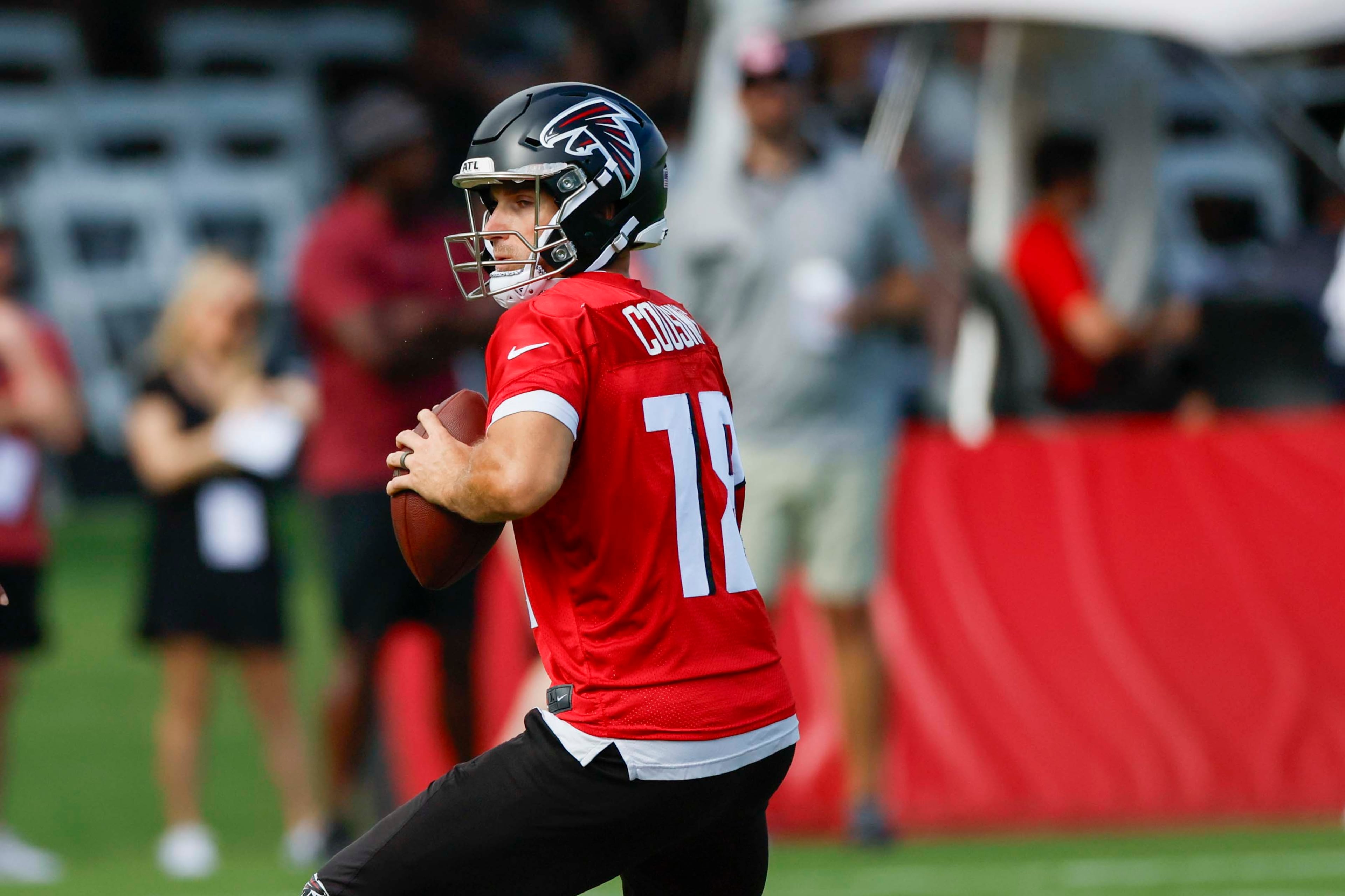 Atlanta Falcons quarterback Kirk Cousins participates in a drill during the first practice of training camp on Thursday, July 24, 2025, in Flowery Branch. (Miguel Martinez/AJC)