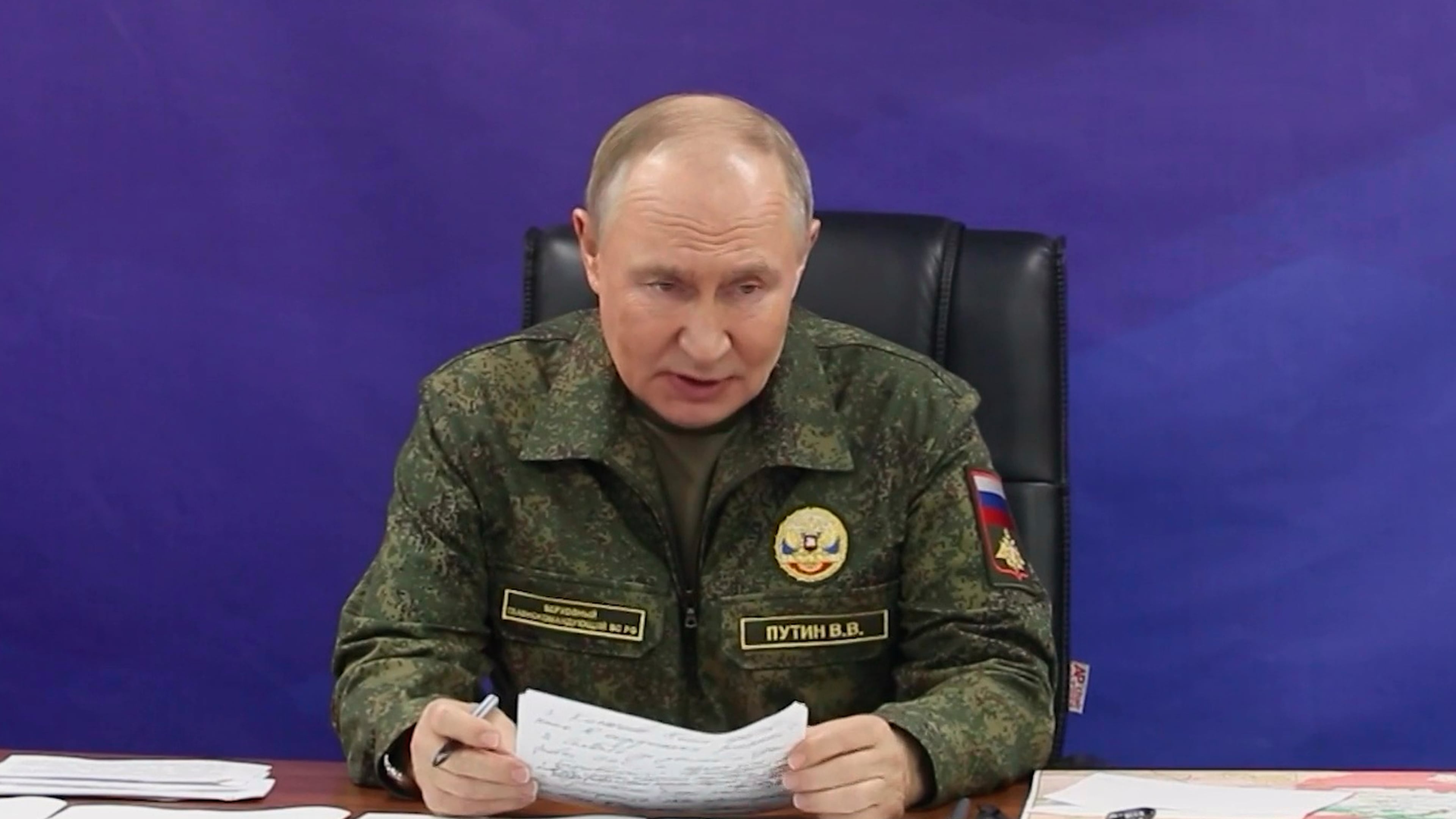 In this image made from video released by the Russian Presidential Press Office on Sunday, Oct. 26, 2025, Russian President Vladimir Putin speaks while visiting one of the command posts of the Joint Group of Forces. (Russian Presidential Press Office via AP)