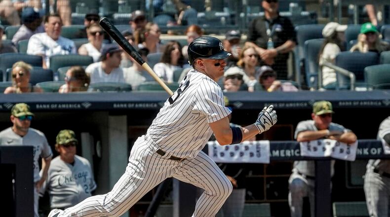 New York Yankees third baseman Josh Donaldson bats during the third inning of a baseball game against Chicago White Sox, Saturday May 21, 2022, in New York. (AP Photo/Bebeto Matthews)