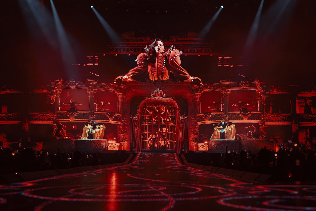 Lady Gaga opens her Mayhem Ball tour all in red, as she did in Paris in November. The pop icon expanded the revered tour, bringing it to Atlanta for two night. (Courtesy of Nicko Guihal/2025)