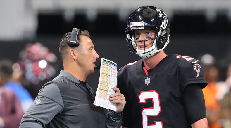 Falcons offensive coordinator Steve Sarkisian and quarterback Matt Ryan acknowledge the offense needs to be better than it has through five games. (Curtis Compton/ccompton@ajc.com)