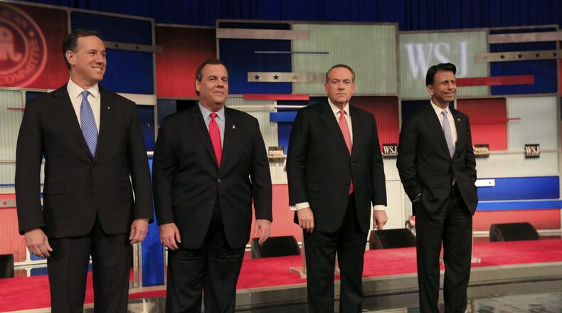 Rick Santorum, Chris Christie, Mike Huckabee and Bobby Jindal at the Republican undercard debate in Milwaukee. AP Photo.