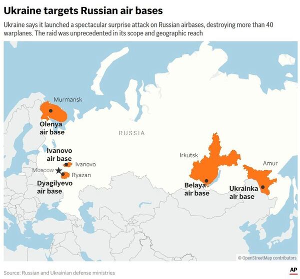 The map above highlights regions and air bases in Russia where Ukraine says it launched surprise attacks.(AP Digital Embed)