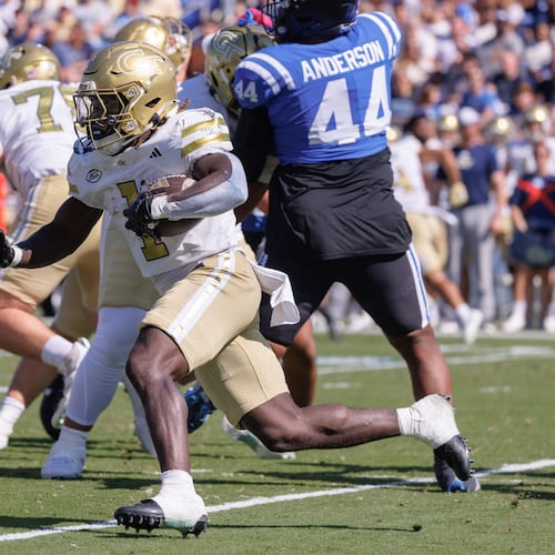 Georgia Tech's Jamal Haynes (center) carries the ball during the first half against Duke in Durham, N.C. on Saturday, Oct. 18, 2025. Haynes and the Yellow Jackets have averaged 3.025 million viewers for its four games on ESPN this season. (Ben McKeown/AP)