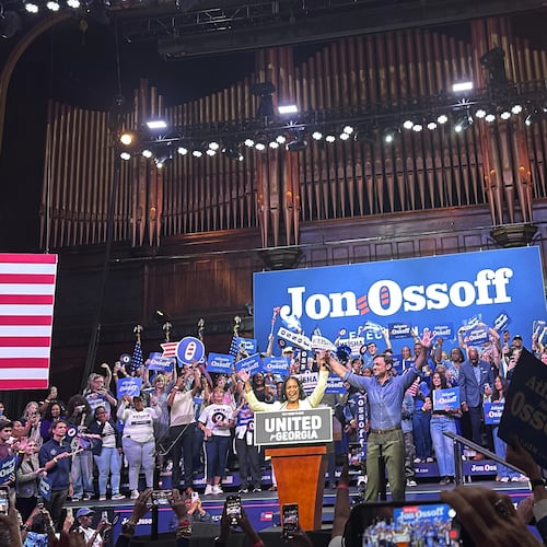 Democratic Sen. Jon Ossoff of Georgia and gubernatorial nominee Keisha Lance Bottom share the stage at a joint campaign rally in Atlanta on Sunday, May 30, 2026. (AP Photo/Bill Barrow)