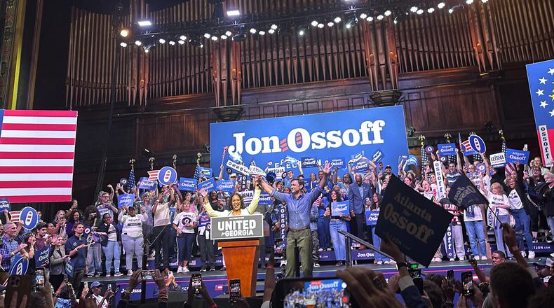 Democratic Sen. Jon Ossoff of Georgia and gubernatorial nominee Keisha Lance Bottom share the stage at a joint campaign rally in Atlanta on Sunday, May 30, 2026. (AP Photo/Bill Barrow)