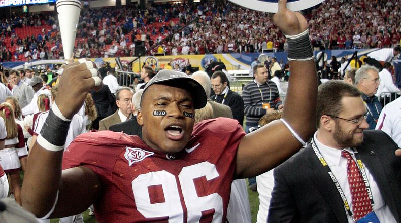 FILE - Alabama's Luther Davis (96) reacts after their 32-13 win over Florida in the SEC championship NCAA college football game at the Georgia Dome in Atlanta Saturday, Dec. 5, 2009. (AP Photo/Dave Martin, File)