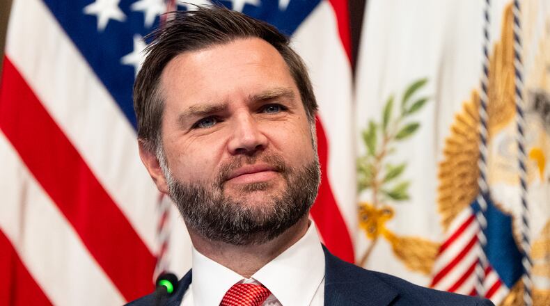 Vice President JD Vance smiles during a roundtable event in the Eisenhower Executive Office Building on the White House campus, Wednesday, Aug. 5, 2026, in Washington. (AP Photo/Alex Brandon)
